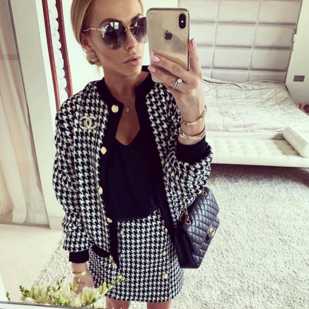 Stylish Black and White Houndstooth Women's Jacket Bomber